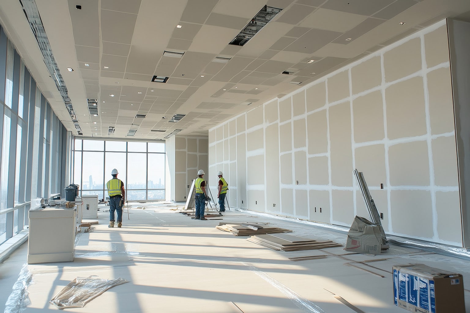 Multiple people in safety gear installing drywall panels
