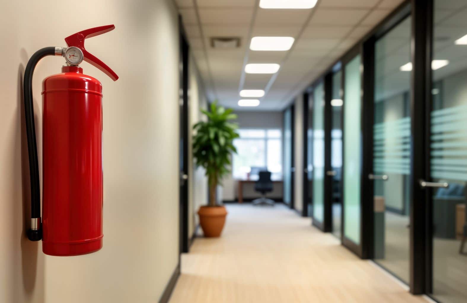 Fire extinguisher installed in hallway of office